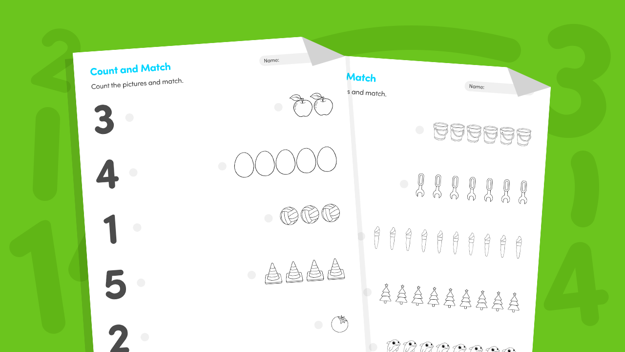 Count and match 1 to 10 picture numeral worksheet printable for kids