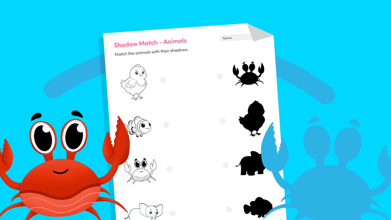 Shadow match animals worksheet printable for kids