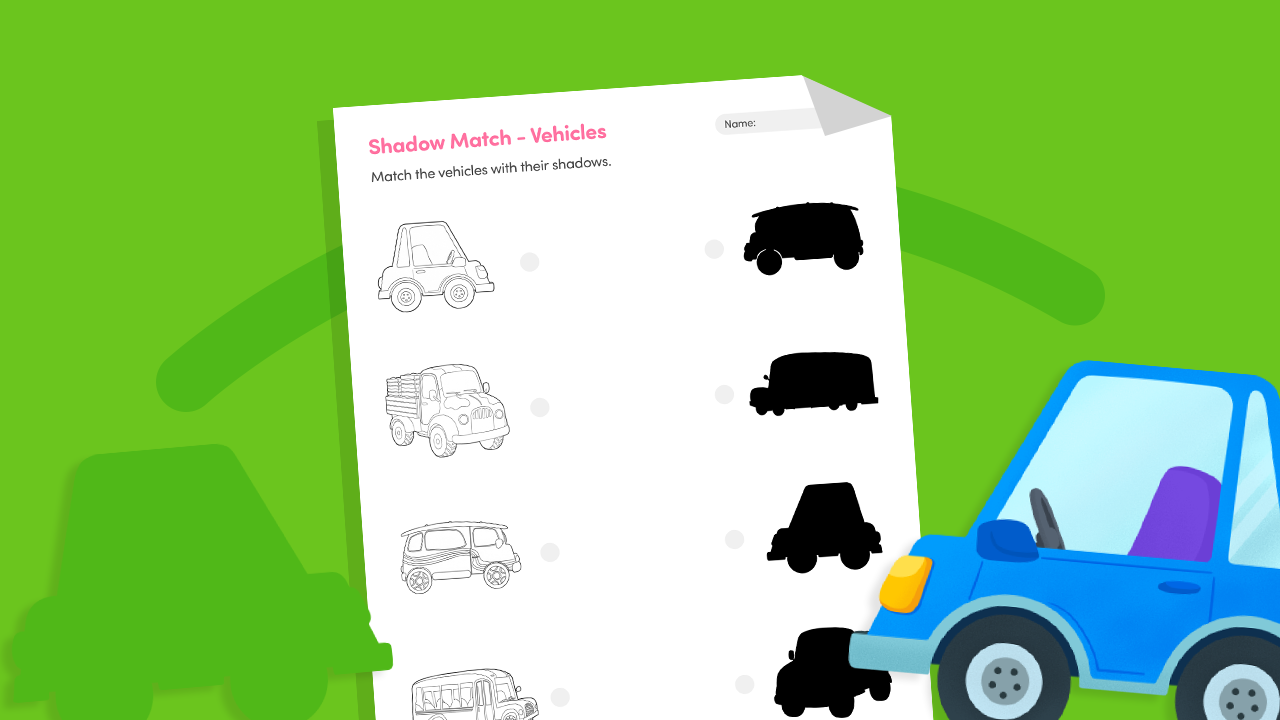 Shadow match vehicles worksheet printable for kids