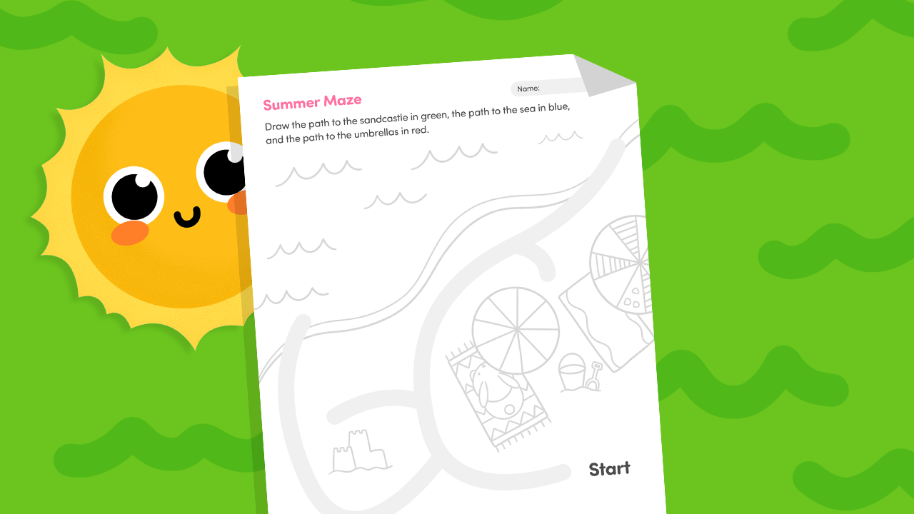 Summer beach maze worksheet printable for kids