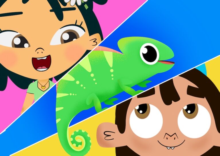 Children looking for a colorful chameleon in the forest during a fun direction song