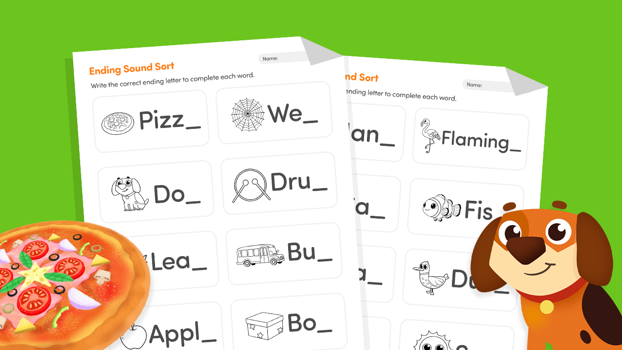 Ending consonant sound sort phonics worksheet for Kindergarten children