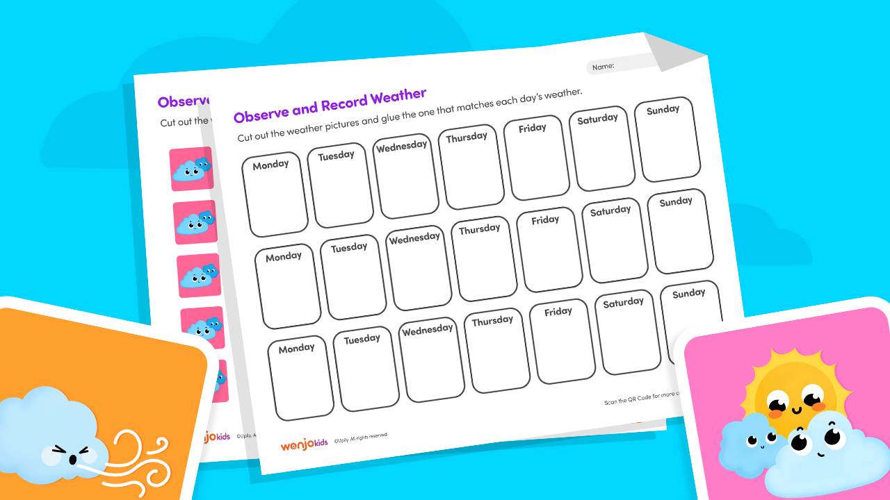 Kindergarten weekly weather observation and recording chart worksheet with daily weather symbols