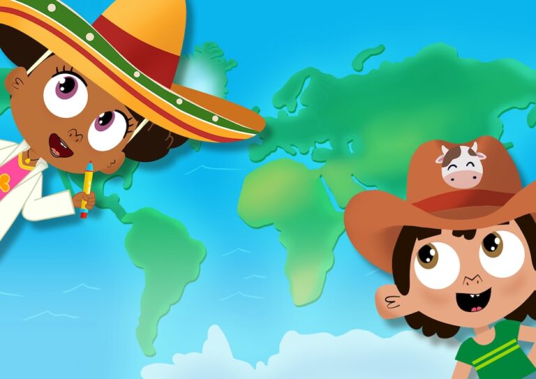 Colourful world map showing the seven continents in a geography song for kids