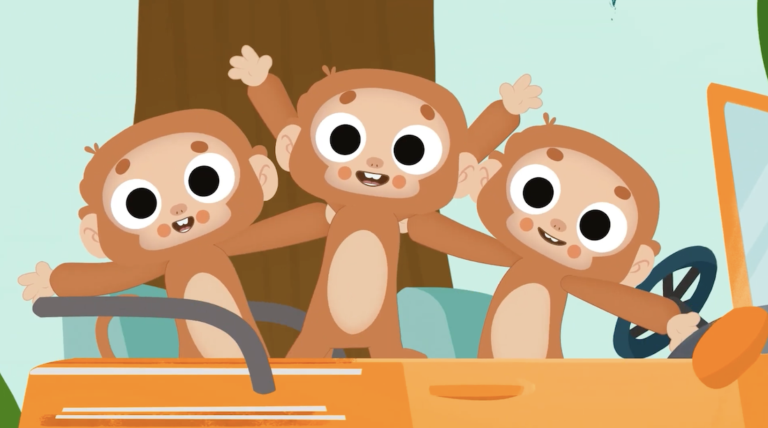 Animated WonJo Kids characters dancing and following actions in a fun movement song for kids
