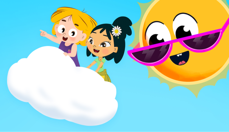 Sun, moon, stars and clouds featured in a things in the sky song for kids