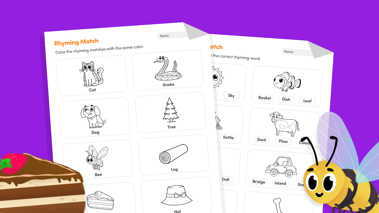 Rhyming pictures match worksheet for Pre-KG showing picture pairs that rhyme