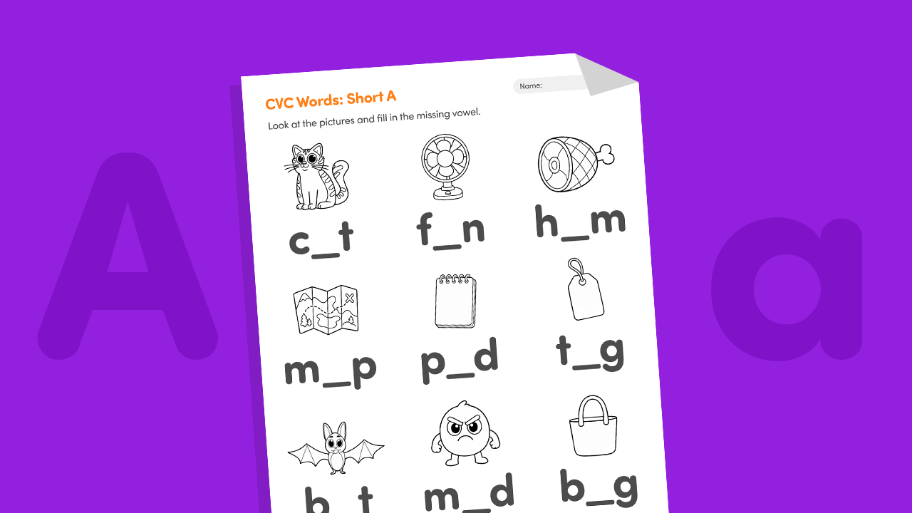 Printable short a CVC worksheet for kids