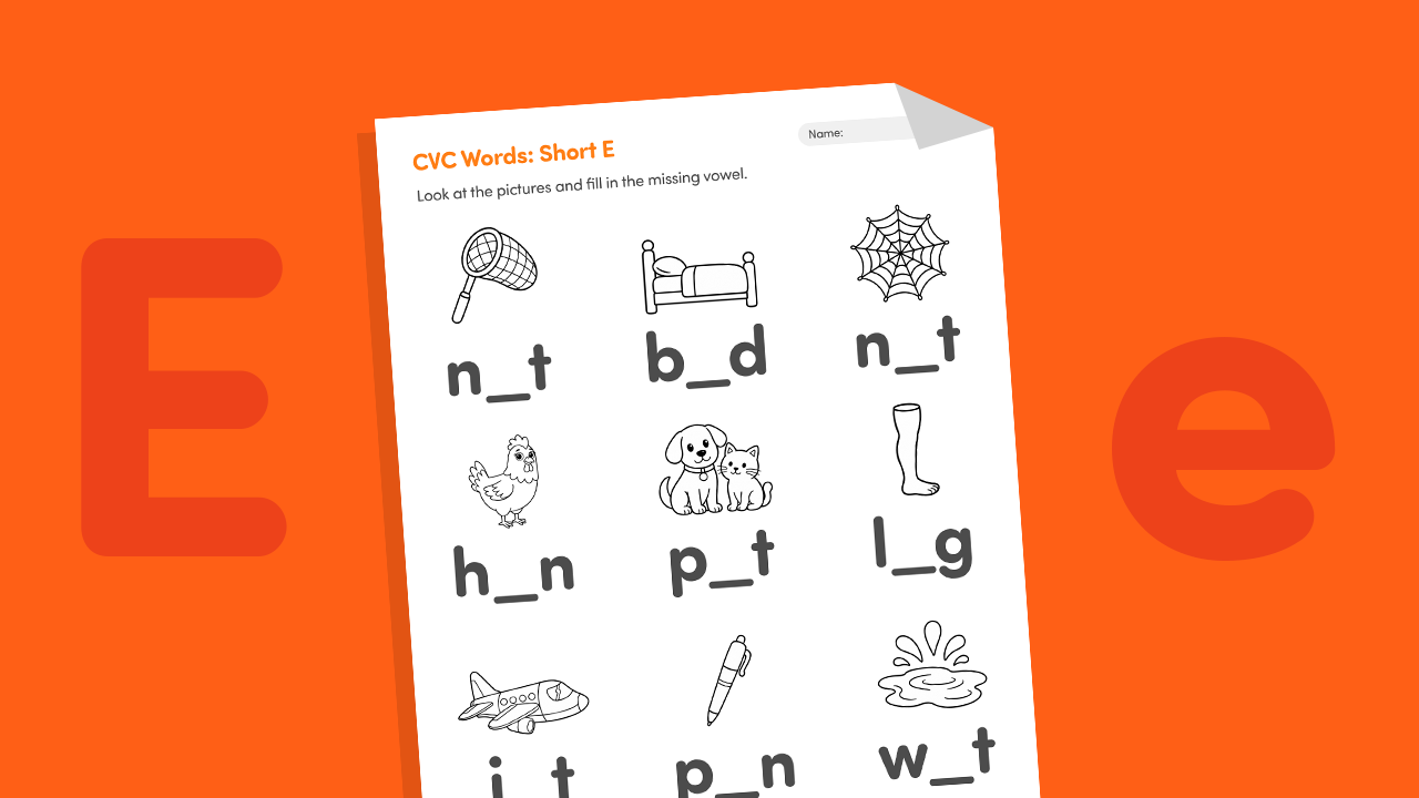 Printable short E CVC worksheet for kids