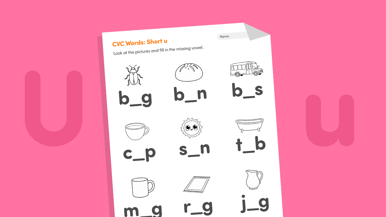 Printable short u CVC worksheet for kids