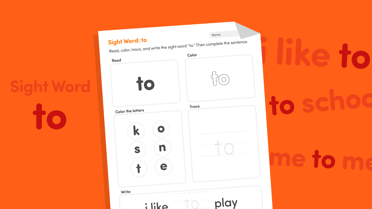 Printable sight word "to" worksheet for kids