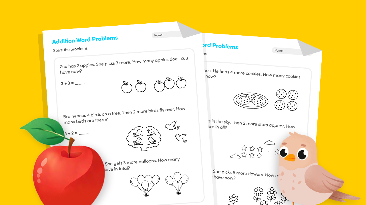 Printable addition word problems worksheet with picture cues