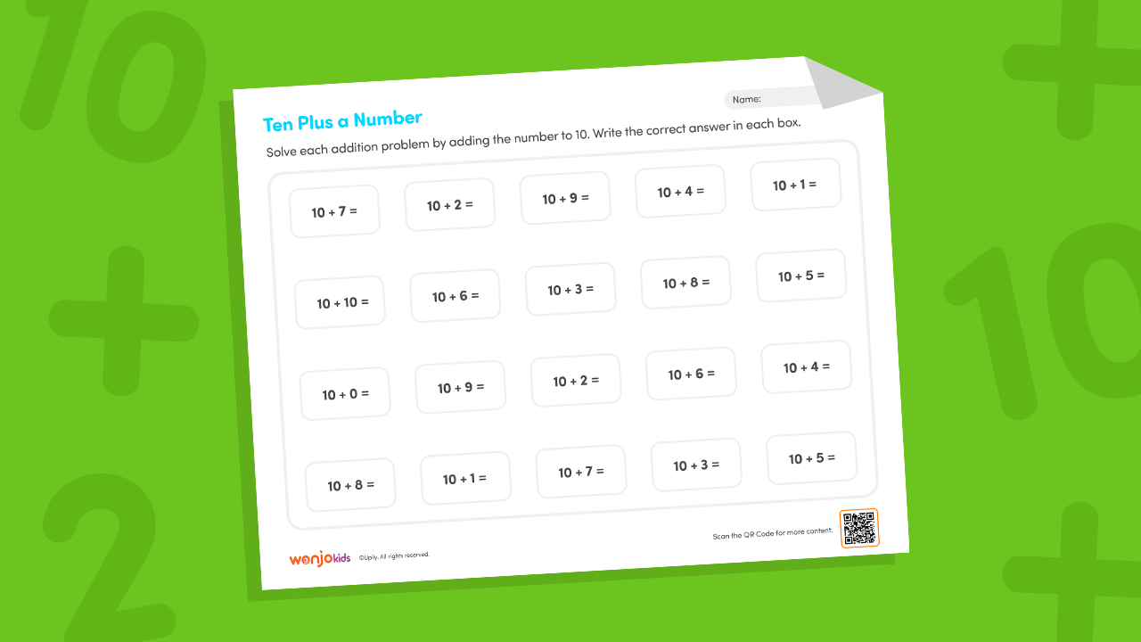Printable teen numbers base ten worksheet 10+N